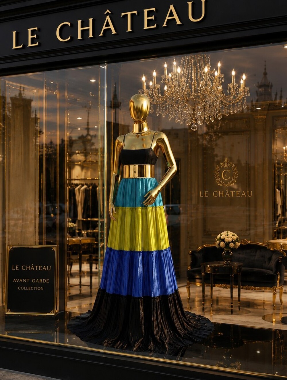 Rare Le Chateau Tiered Colorblock Maxi Dress in Black, Teal, Lime & Royal Blue